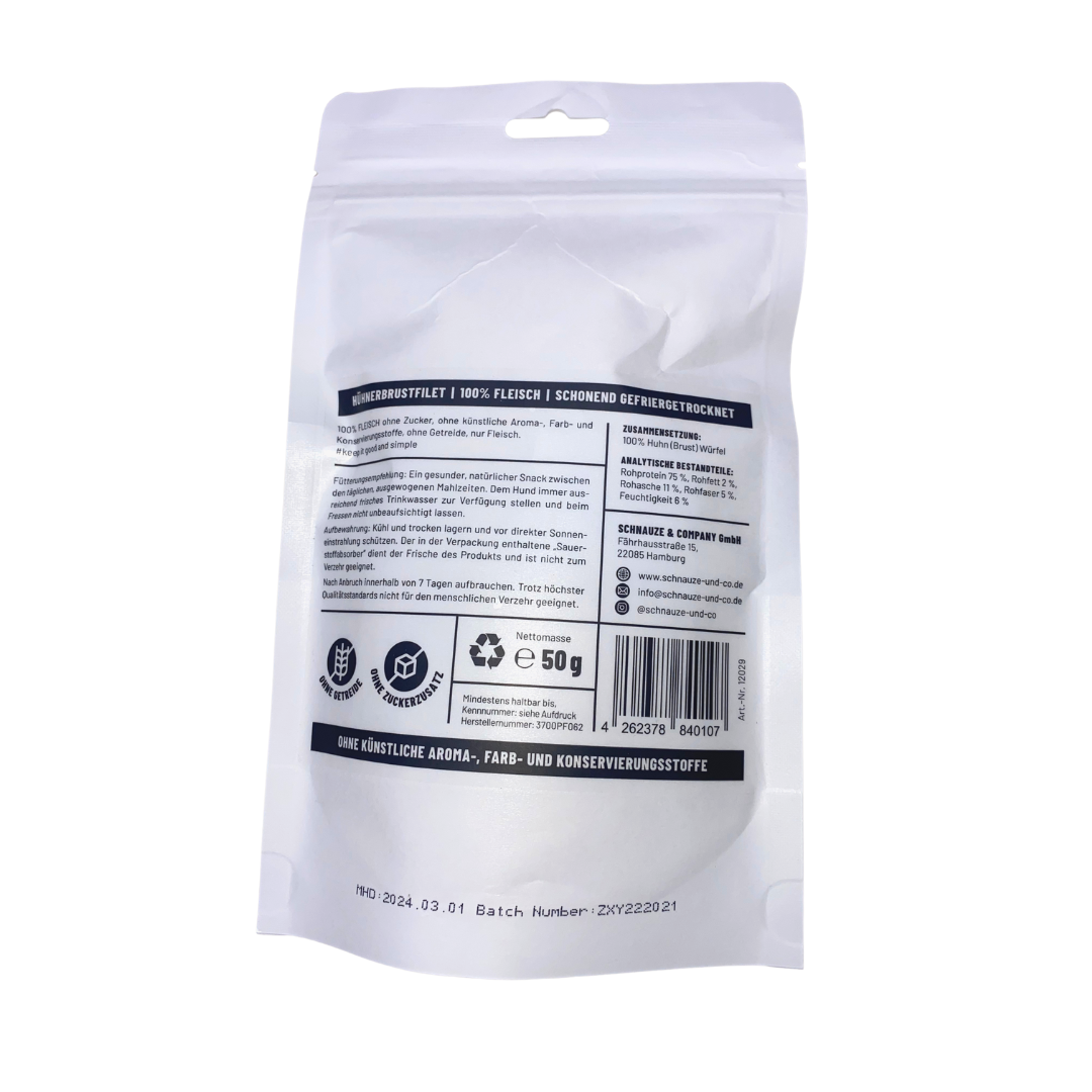 FLEISCH 100% Hühnerbrustfiletwürfel schonend Gefriergetrocknet 50g