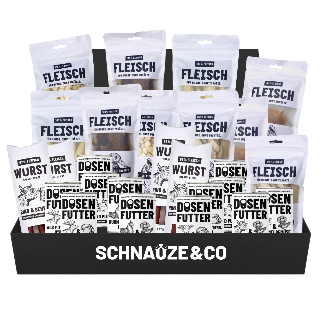 Dosenfutter® Probierbox 12x400g Nassfutter, 10 FLEISCH Snack Packungen &  4x GRATIS WURST