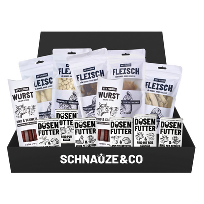 Dosenfutter® Probierbox 6x400g Nassfutter, 5 FLEISCH Snack Packungen &  2x GRATIS WURST